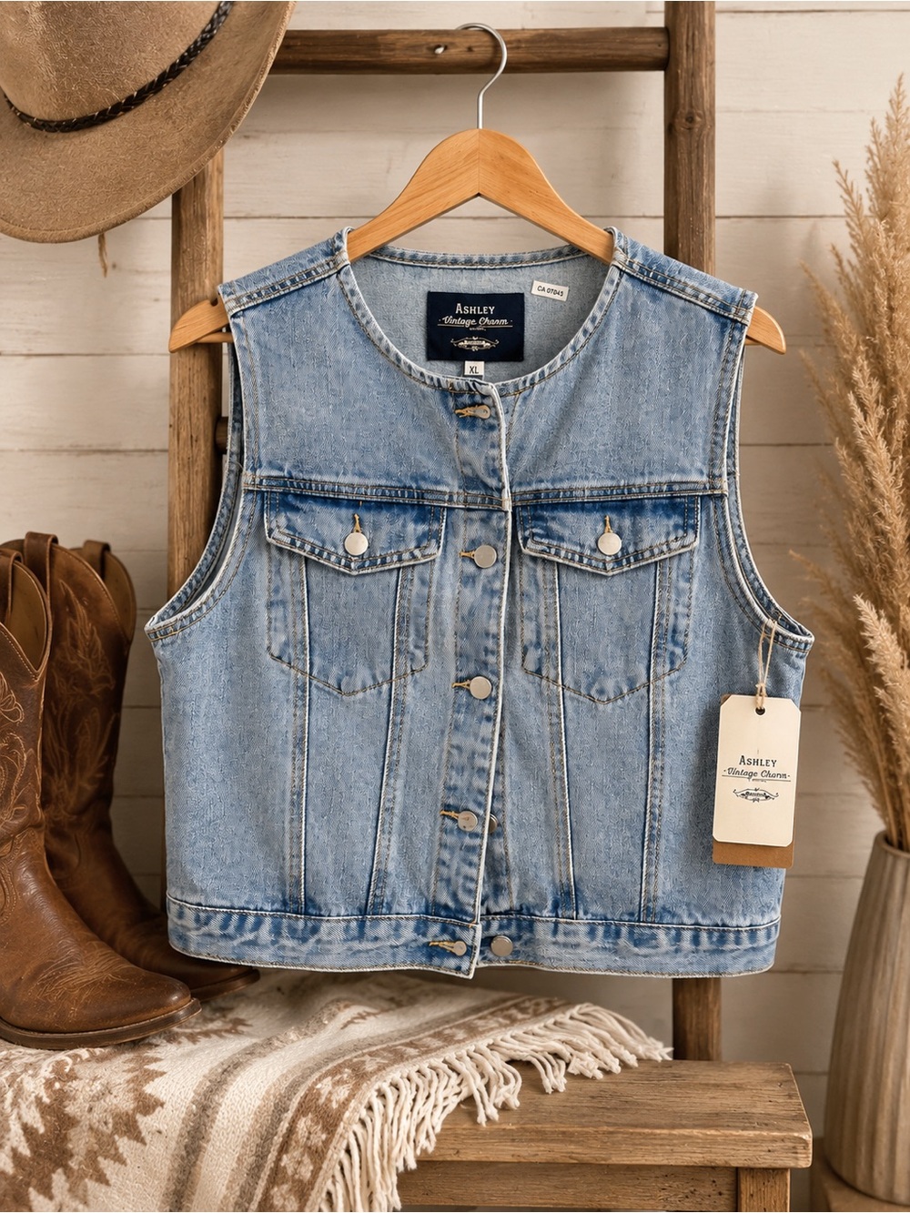 Ashley Vintage Charm Sleeveless Denim Vest Jacket XL NWT Western Boho